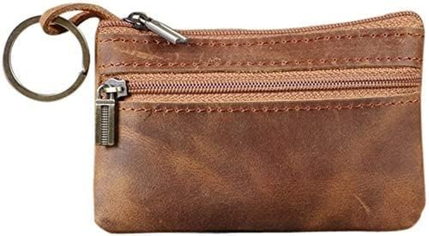 JDFHFGB Coin Purse Leather Mini Pouch - Slim Small Coin Bag with Key Ring & Card Holder, Double Zip Wallet Organizer for Men Women， Compact Size 11X7.5Cm, Brown,
