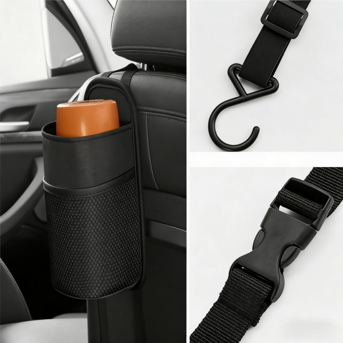 2-In-1 Large Cup Holder, 80 Oz Multifunctional Car Seat Side Organizer, Hanging Water Bottle Holder Bag, Stuff with Mesh Pocket for Phone & Drink, Suitable SUV Truck image number 3
