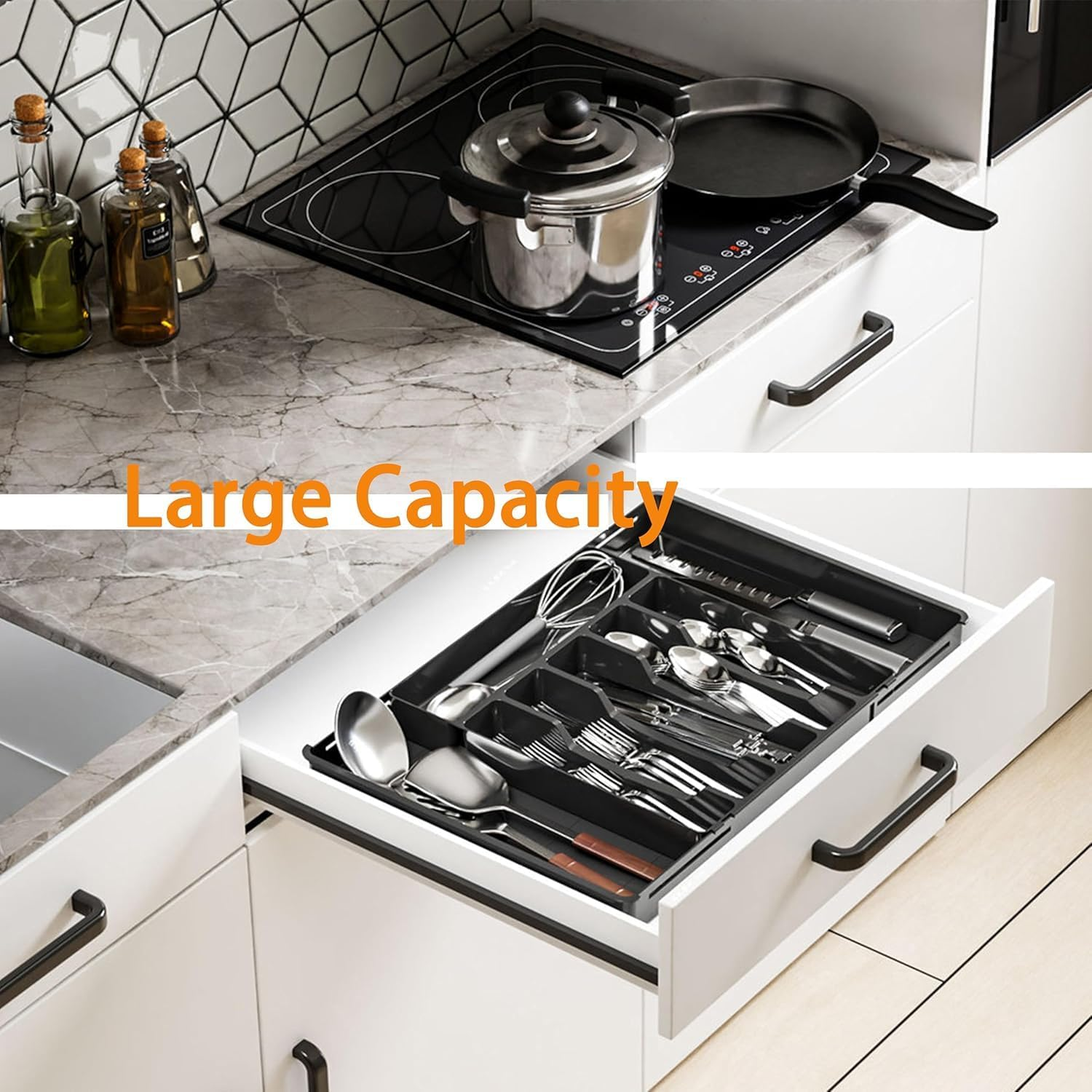 Cutlery Drawer Organiser with 8 Compartments Expandable Kitchen Drawer Organizer, Adjustable Utensil Holder, Cutlery Tray Drawer Dividers for Kitchen Flatwarefor Silverware, Flatware, Knives image number 2