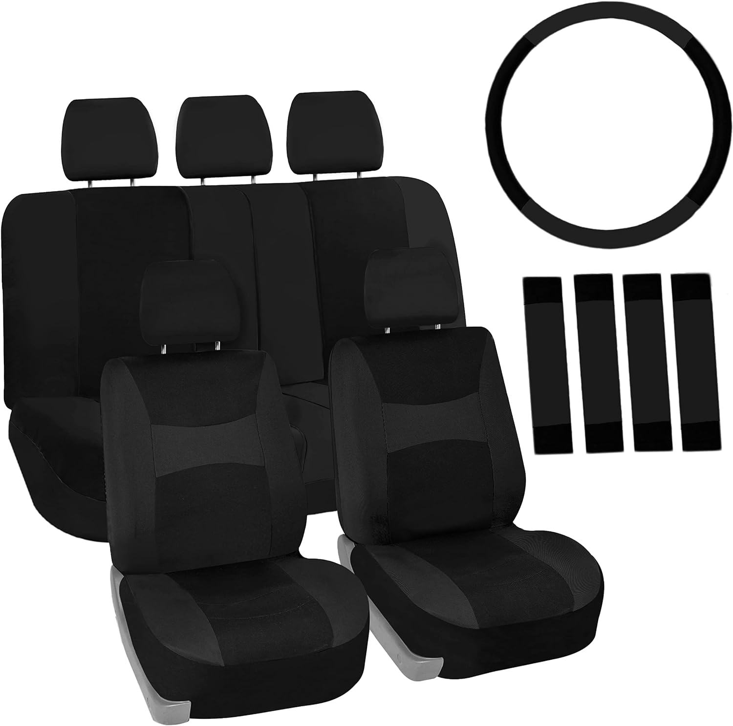 FH Group Automotive Seat Covers Black Universal Fit Combo Set with Steering Wheel Cover and Seat Belt Pad Fits Most Cars, Suvs, and Trucks (Airbag Compatible and Split Bench) FB030115BLACK-W-B