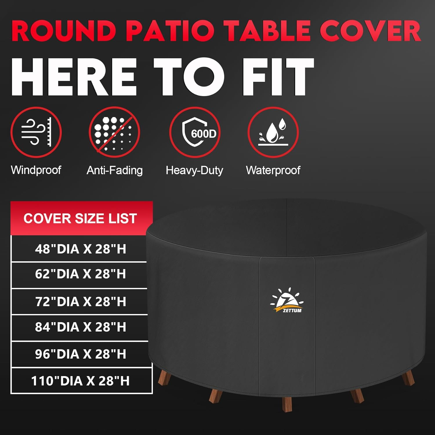Patio Furniture Cover round &Oslash;160 X 73 CM - 600D Outdoor Table Cover Waterproof & Heavy Duty, Lawn Furniture Set Covers Large for outside Dining Table and Chairs Seating image number 2