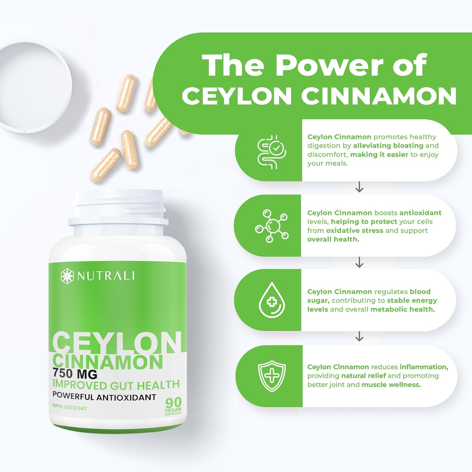 NEW HIGHEST POTENCY Ceylon Cinnamon 750Mg, Helps Lower Blood Sugar Levels, Pure Organic Ceylon Cinnamon Powder, Improved Gut Health, Boosts Metabolism, Eases Digestion, and Bloating, Non-Gmo, Gluten-Free, 90 Ceylon Cinnamon Capsules