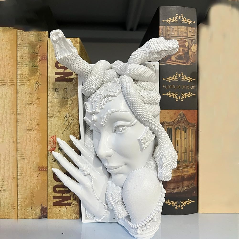 Elqater Decorative Bookends, Snake Women Face Book Ends Heavy Duty Book Stopper for Home Office Desk, Vintage Shelf Decor image number 5