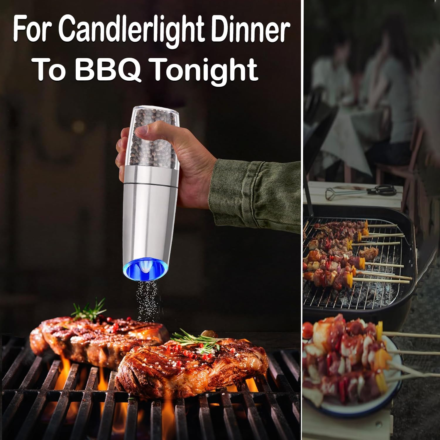 Chef Power High-Quality Gravity Electric Salt and Pepper Grinder with Cleaning Brush - Battery-Operated, Stainless-Steel Pepper Mill - LED Light, Automatic Salt and Pepper Grinder &ndash; 2 Set (Silver) image number 5