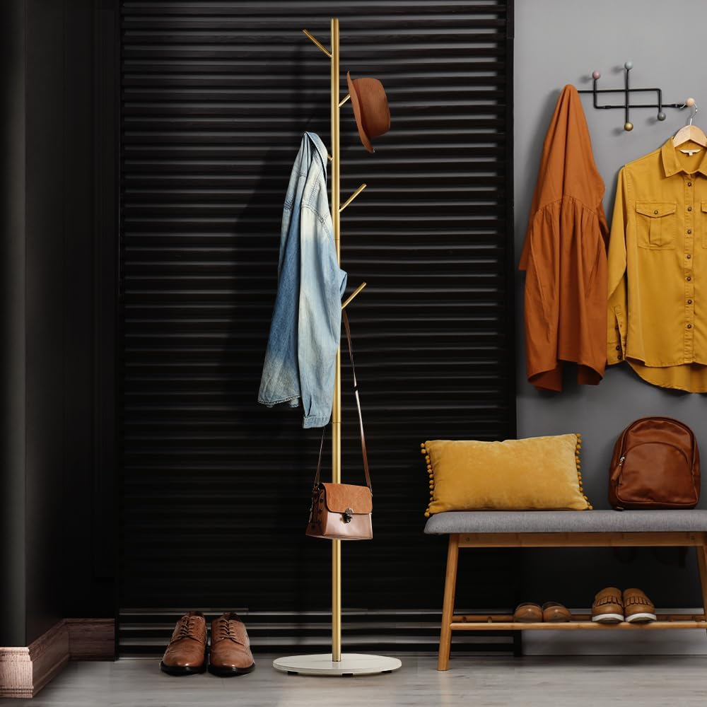 Furb Free Standing Metal Coat Rack, Gold Clothes Jacket Hat Bag Hanger Stand, Heavy Duty Marble Base, 167Cm Tall, 7 Hooks