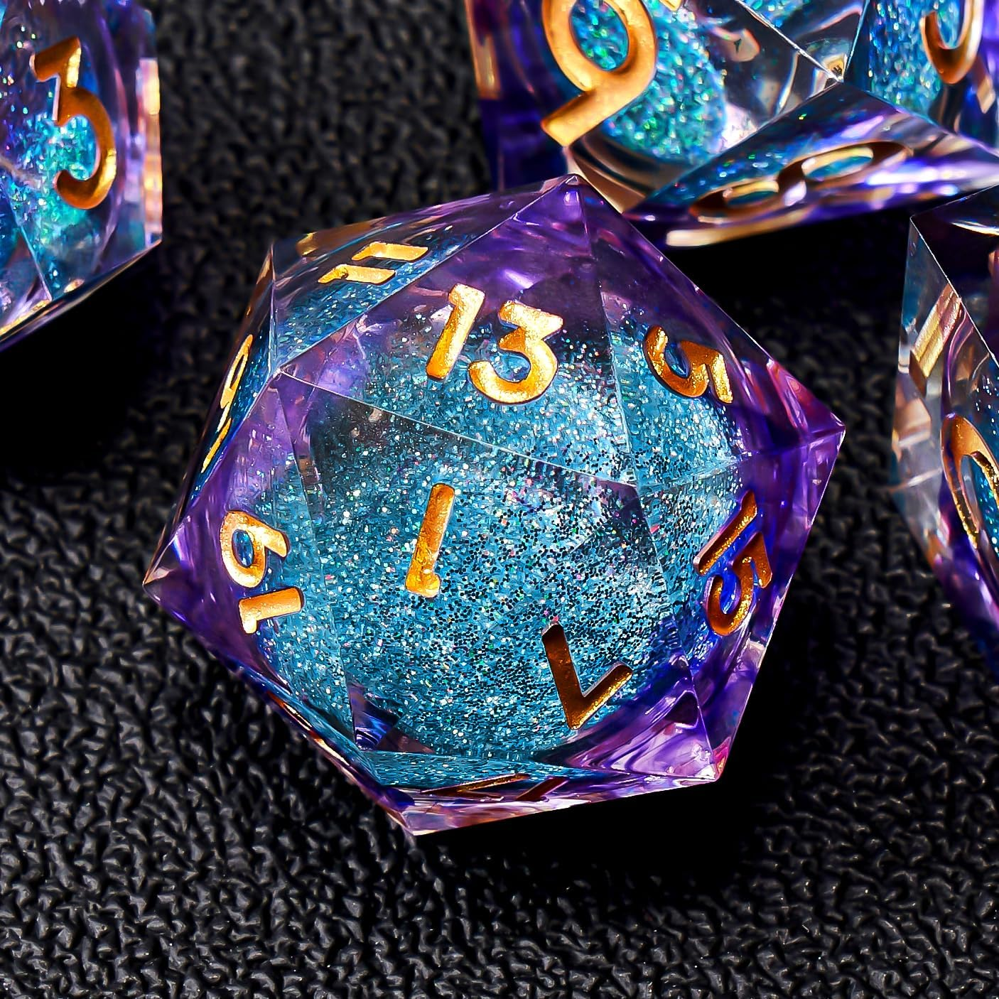 Liquid Core DND Dice Set,Sharp Edge Liquid Core Resin Handmade Cat Eye Dice with Gift Box 7 PCS for Role Playing Dungeons and Dragons Ttrpg(Purple&Blue Quicksand) - Blue Dark Cat Eye image number 5