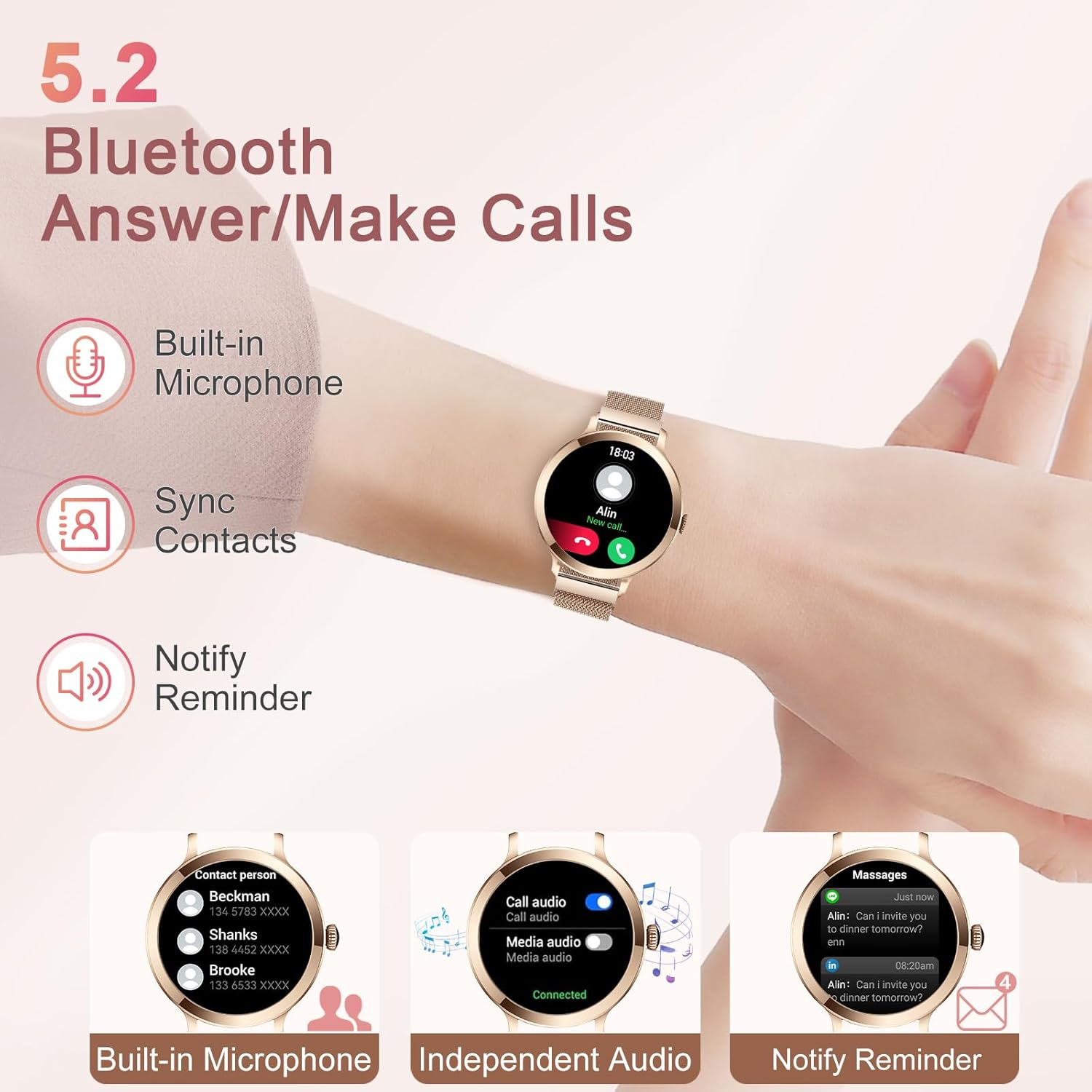 Smart Watches for Women(Answer/Make Call), 1.1&rdquo;HD AMOLED Screen Bluetooth Smartwatch for Android Ios Phones, IP68 Waterproof Fitness Activity Trackers with Heart Rate/Spo2/Blood Pressure/Sleep Monitor image number 5