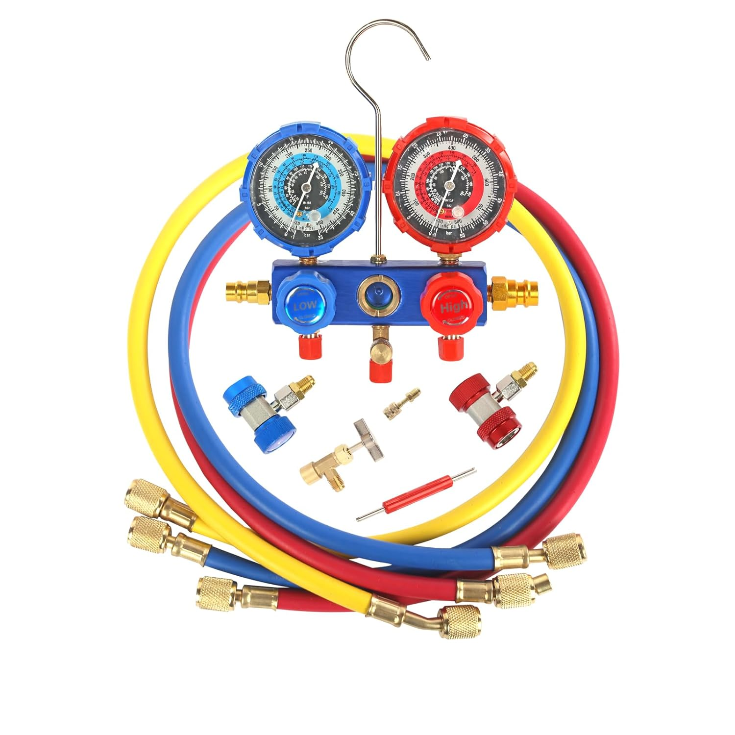 PB Motor Tech 3 Way AC Manifold Gauge Set for R134A, R410A, R22, R404A Refrigerants. HVAC Diagnostic Gauge Set with Quick Couplers, Adapters, Can Tap, Valve Core Tool. Perfect for Automotive Use image number 5