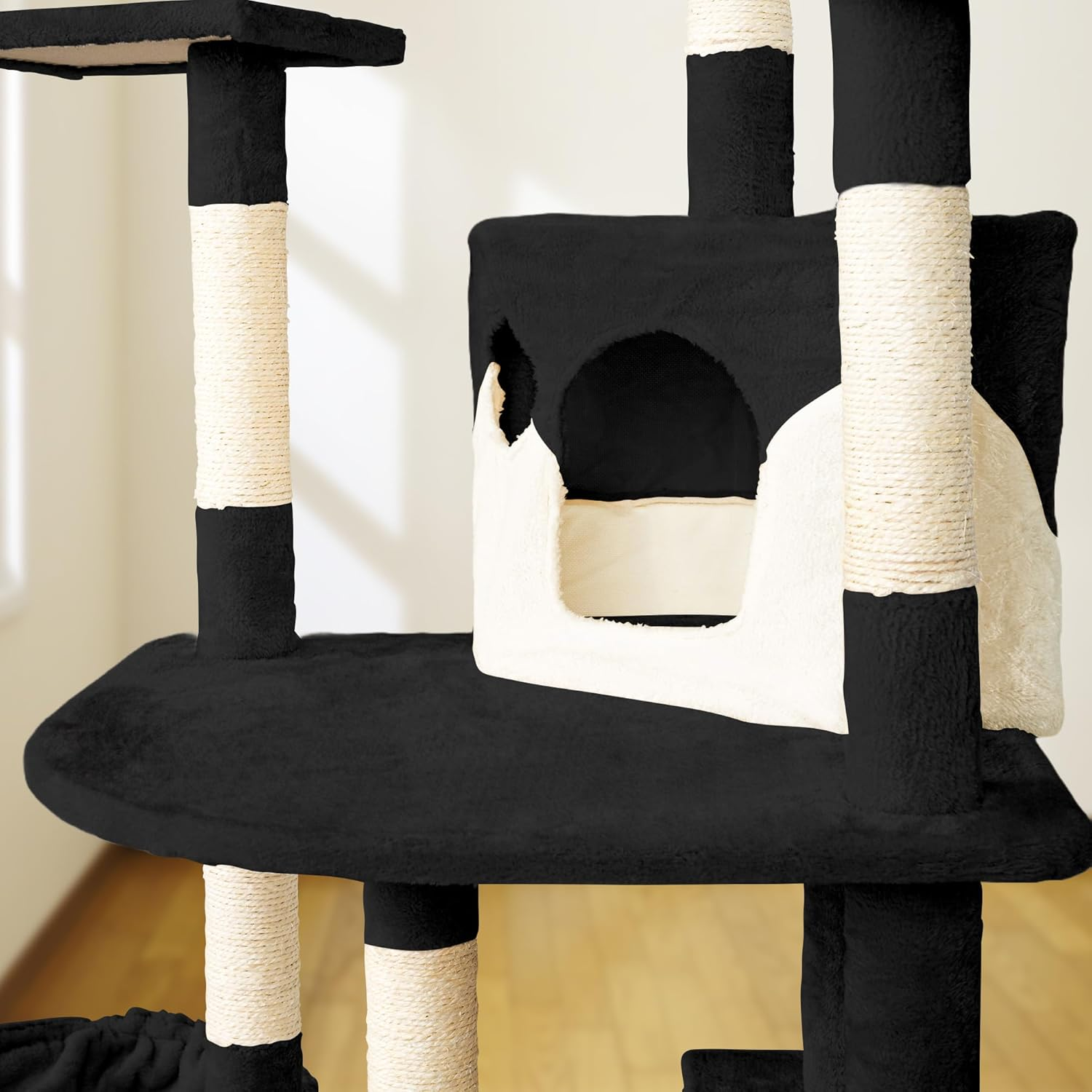 Casa Basics Cat Tree Scratching Post for 1-3 Cats, Large Height 204 Cm Climbing Tower, Multi-Level Stable, Activity Trees, Platforms, Rope, Rope, Hutches, Nests, Soft Plush Fabric (Black) image number 1