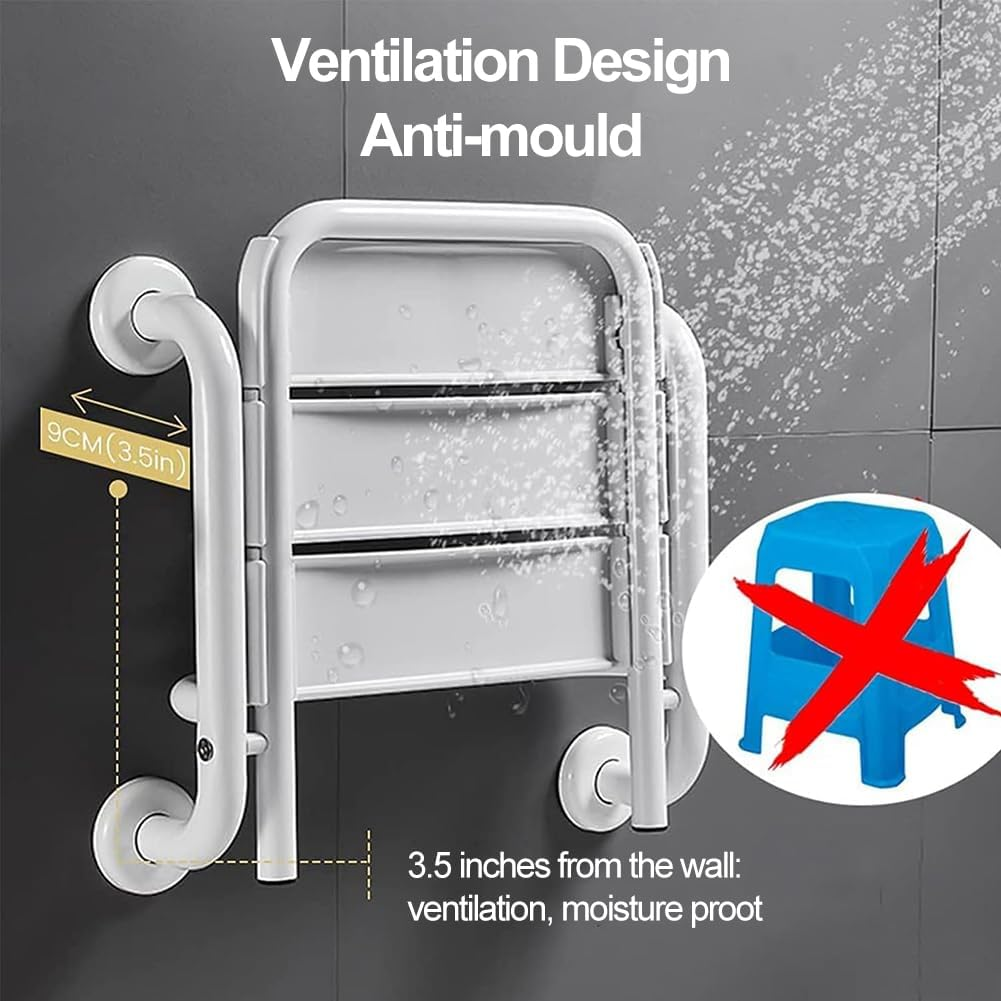 Xoxomeg Folding Shower Seat Wall Mounted, Stainless Steel Folding Shower Stool Non-Slip Wall Mounted Chair for Aid Old Man Shower in Bathroom Folding Shower Non-Slip Chair with Armrest image number 5