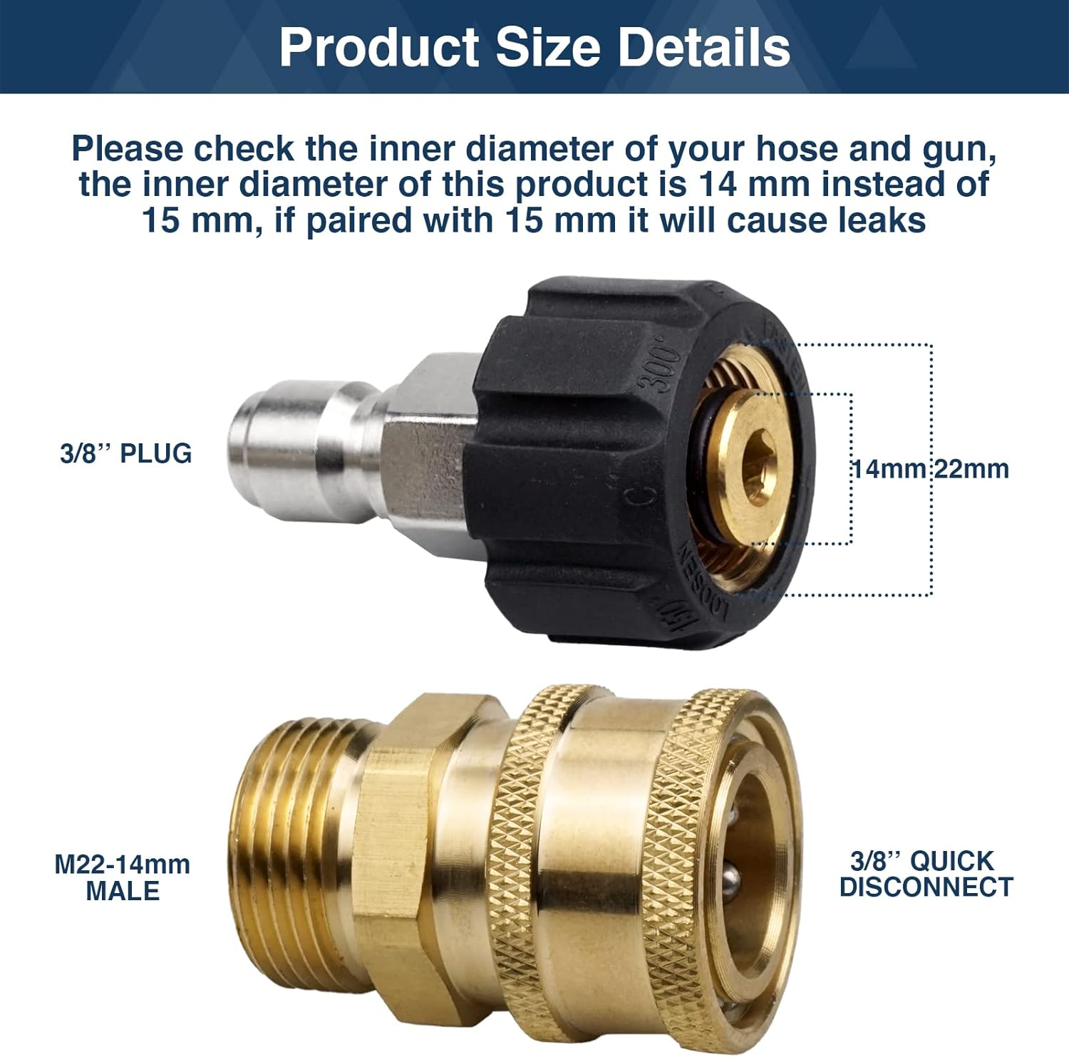 Pressure Washer Quick Connect Coupler 5000 PSI for M22 14Mm, 3/8" Hose Adapter, Pressure Washer Set image number 2