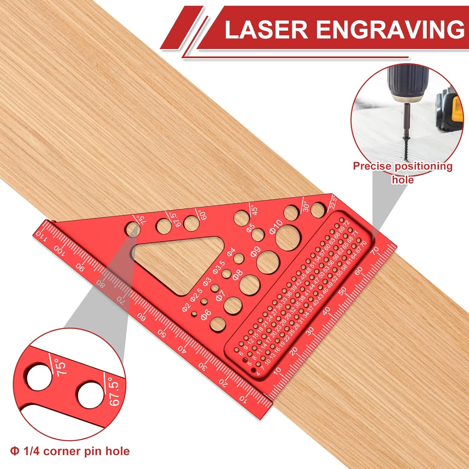 Metric 3D Multi-Angle Measuring Ruler, 22.5&deg;-90&deg; Degree Aluminum Alloy Woodworking Square Protractor, Miter Triangle Ruler High Precision Layout Measuring Tool for Engineer Carpenter (Red) image number 4