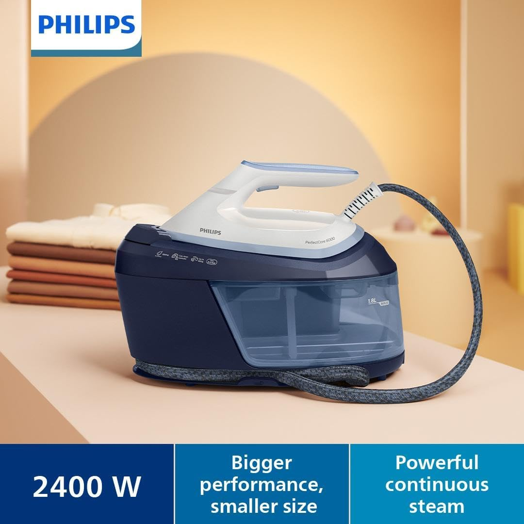 Philips Perfectcare 6000 Series Steam Generator - 2400W - 500G Steam Boost - 6.5 Bar Pressure - Optimaltemp Technology - 1.8L Water Tank - White/Blue (PSG6026/20)