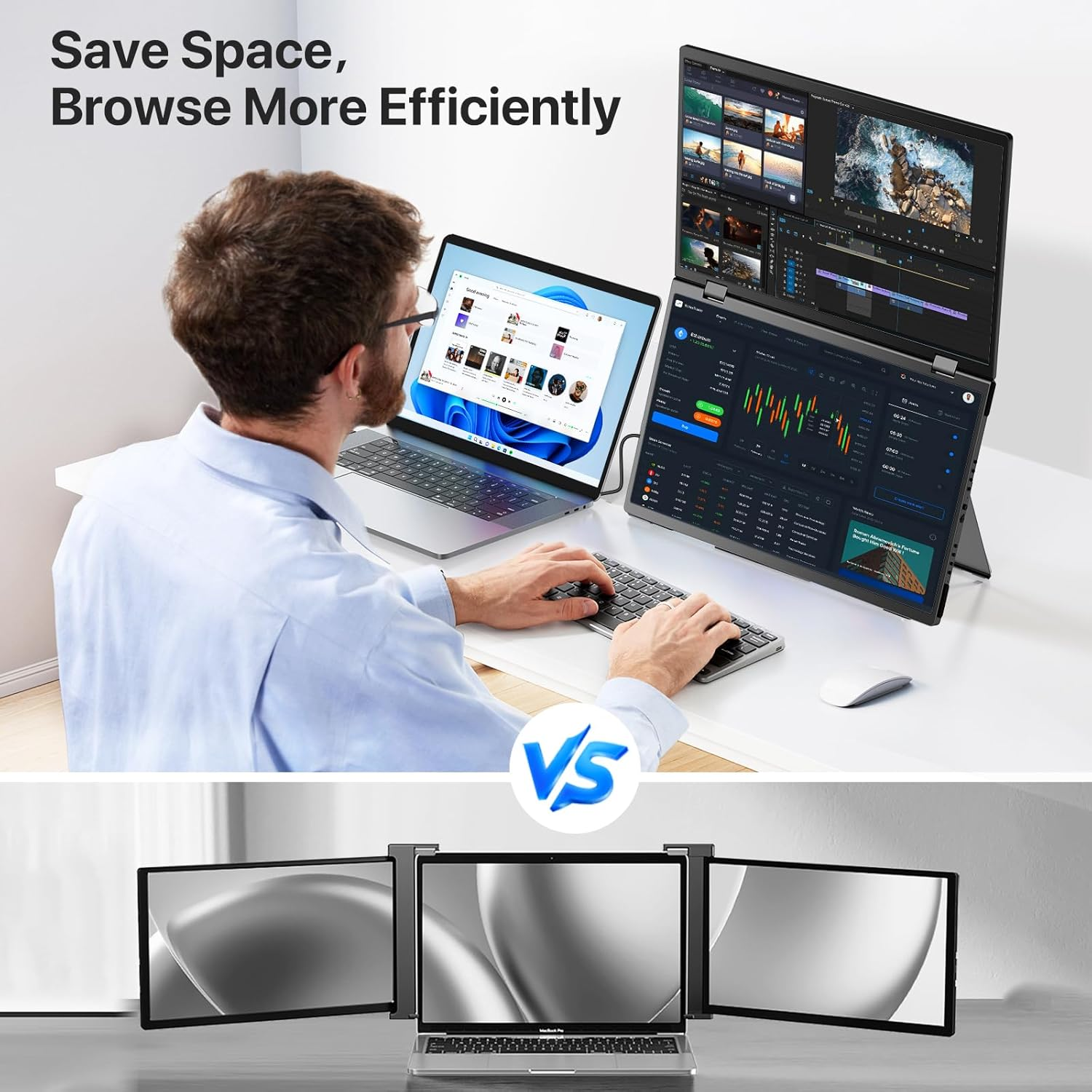 EVICIV 15.6" Dual Portable Monitor for Laptop, 1080P HDR Stacked Display, 360&deg; Folding, Plug & Play, Vertical Screen Extender with Adjustable Stand for Pc/Phone/Game Console (No Driver Needed) image number 4