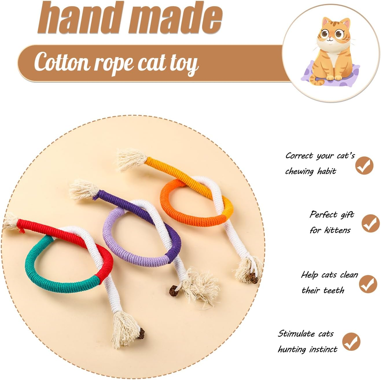 SUOXU Catnip Toy Chewing Cotton Rope, Interactive Cat Toy for Indoor, Filled with Natural Catnip, Used for Cats Dental Care against Bad Odor, 1 Cat Toy (Orange) image number 6