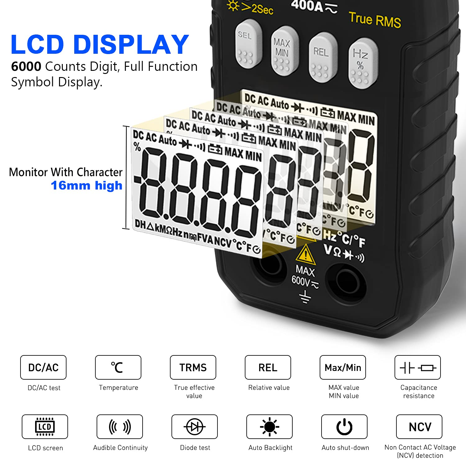 Digital Clamp Meter, HOLDPEAK 7200-APP AC/DC Amp Clamp Meter 6000 Counts Auto-Ranging Bluetooth Multimeter for Volt, Amps, Ohm, Temp, Frequency, TRMS Clamp Meter Multimeter for Home, Circuit Detection - Hp-7200-App(With Ncv Function) image number 4