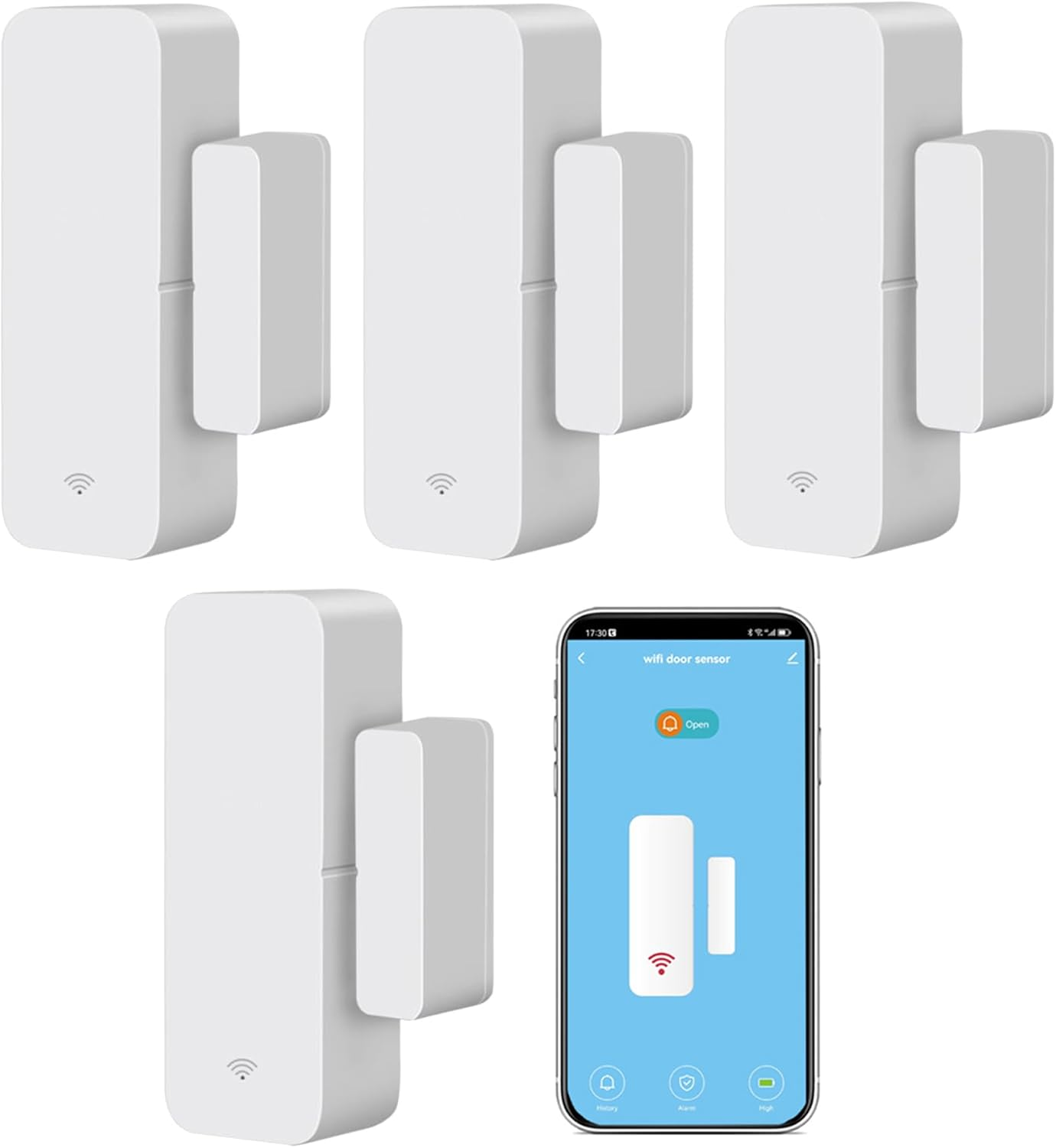 Wifi Door Sensor Window Detector: Smart Window Contact Sensor, Wireless Magnetic Door Open Detector with Free Notification Alerts, Compatible with Alexa Google Assistant (4-Pack)