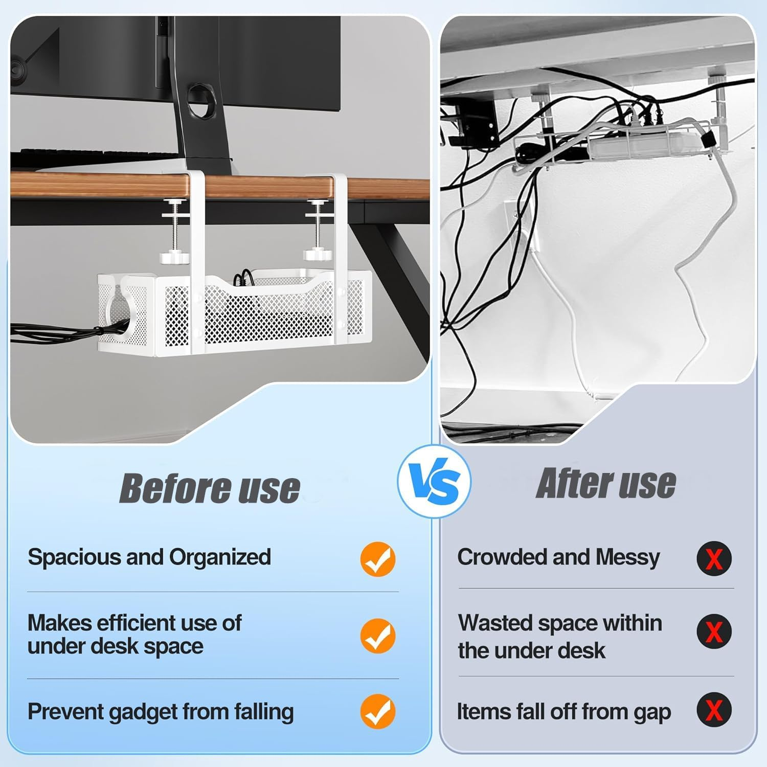 Under Desk Cable Management Tray, No Drill Metal Mesh Cable Organiser with Clamp Mount for Wire Management, 2 Hole Cord Organization Box, Cable Rack for Home, Office and Standing Desk, Easy to Install