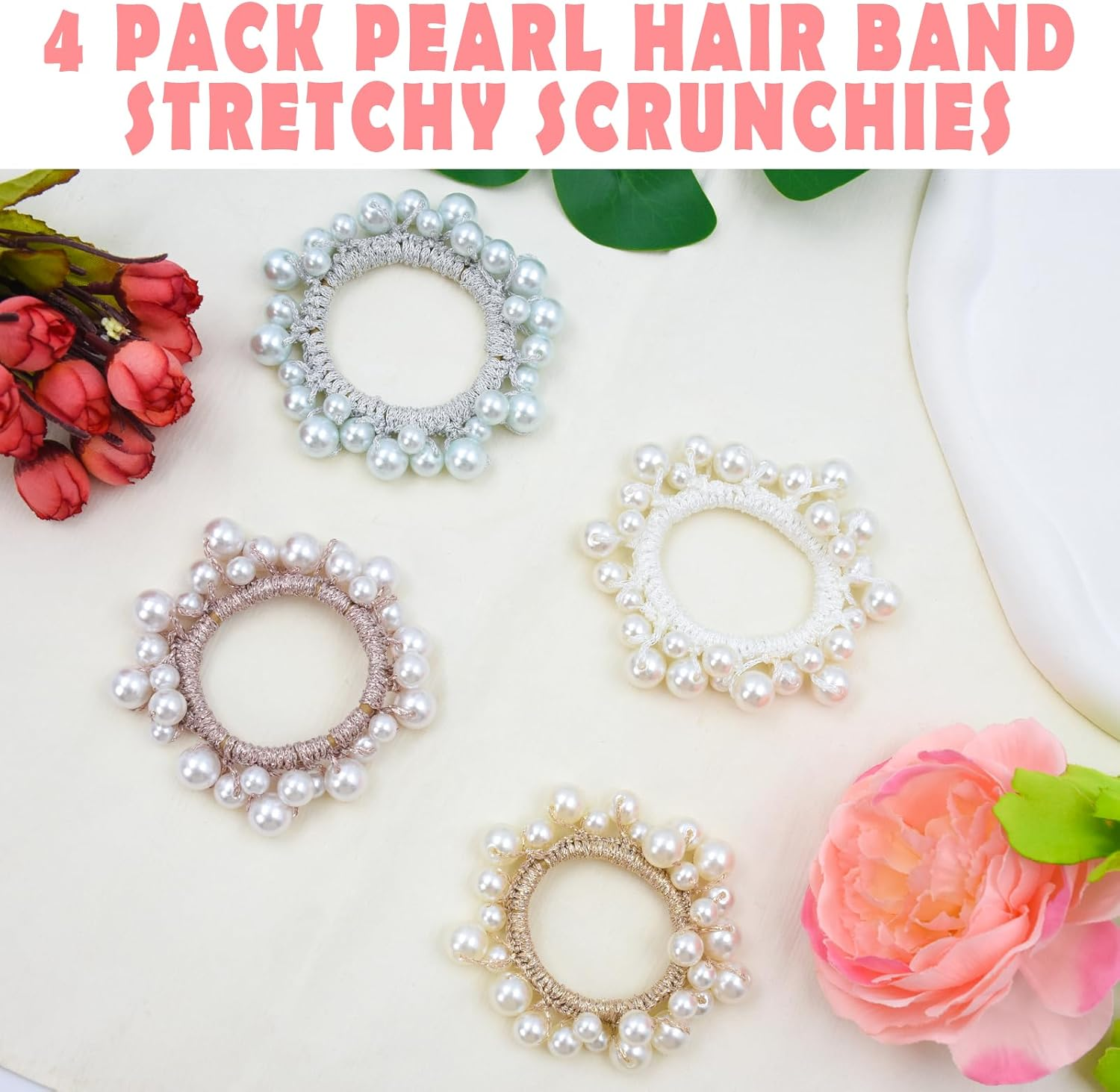 Coriver Women'S Hair Accessories, Pack of 4 Pearls Hair Elastic, Elastic Beads Hair Accessories with Beads, Scrunchies Pearls Rhinestone for Women, Hair Bobbles Scrunchies Girls, Hair Accessories image number 6