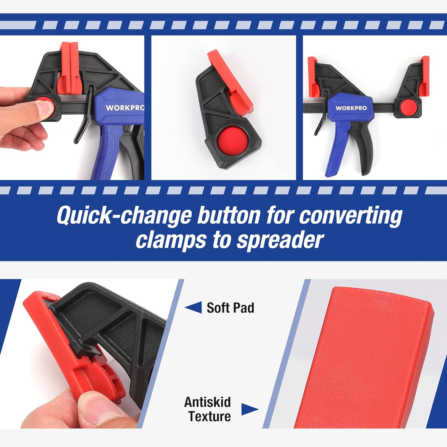 WORKPRO Bar Clamps for Woodworking, 4 Pack 6-Inch and 2 Pack 12-Inch One-Handed Wood Clamps/Spreader Set, Light-Duty Quick-Release F Clamps with 150 Lbs Load Limit image number 4