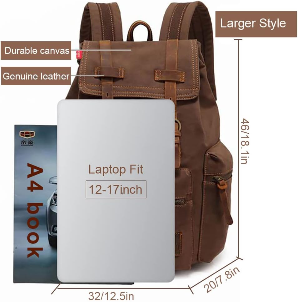 AUGUR Vintage Canvas Leather Backpack Large Laptop Rucksack Bookbag Satchel Hiking Bag image number 1