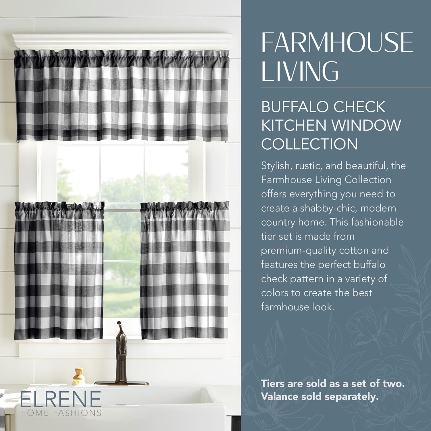 Elrene Home Fashions Farmhouse Living Buffalo Check Window Kitchen Tier Set, 100% Cotton, Black/White, 60" X 15" (1 Valance) image number 3