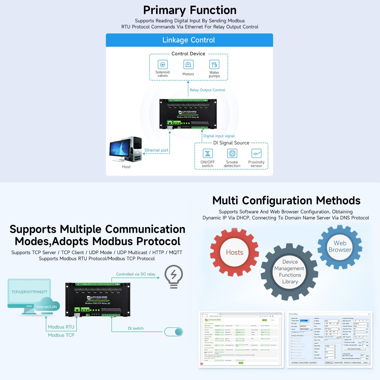 Waveshare 8-Ch Ethernet Relay Module (B) with Digital Input, Modbus Rtu/Modbus TCP Protocol, Poe Port Communication, with Various Isolation and Protection Circuits, Industrial Grade Rail-Mount Case image number 4