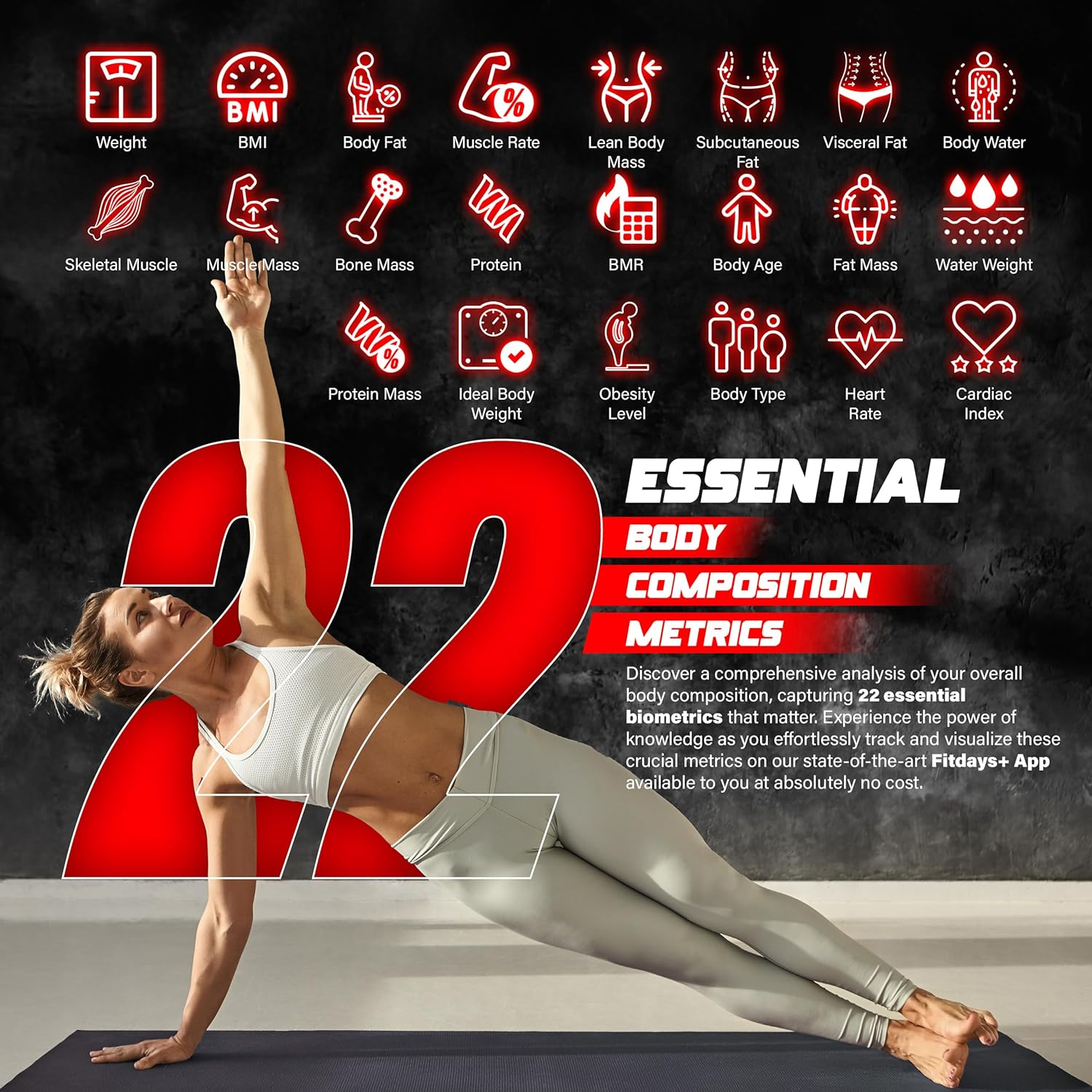 Smart Digital Bathroom Body Scale &ndash; Large Display Accurate Result &ndash; 22 Metrics Including Cardiac Index, Heart Rate, Body Fat, BMI &ndash; Tempered Glass &ndash; App Support Bluetooth with Free Batteries image number 5