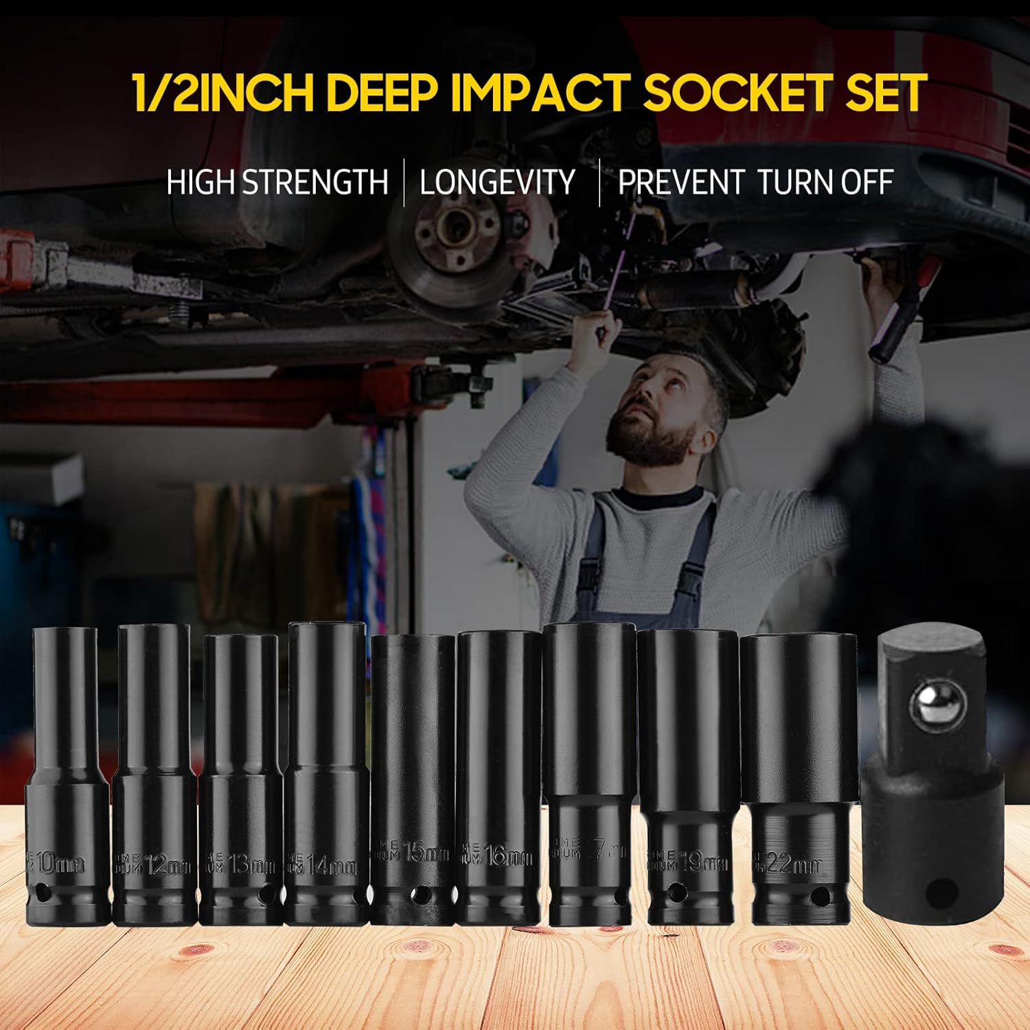 1/2 Inch Drive Hex Impact Socket Set 10-Piece Deep Socket Metric Sizes 10-22Mm and 3/8 Inch Adapter CR-V Material with Hard Storage Box image number 6