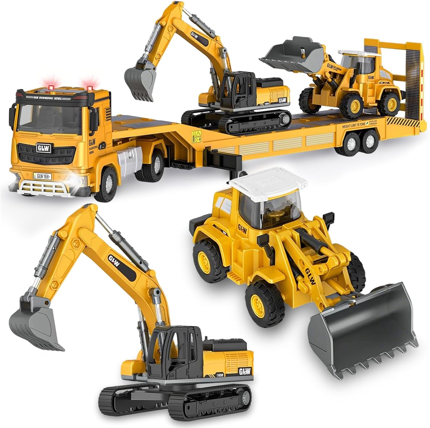 Caunedy Construction Carrier Trucks Toy Set, with Semi Truck, Excavator, Bulldozer, Alloy Engineering Vehicles, Lights & Sounds for Kids 3-7 Years Old Gift image number 4