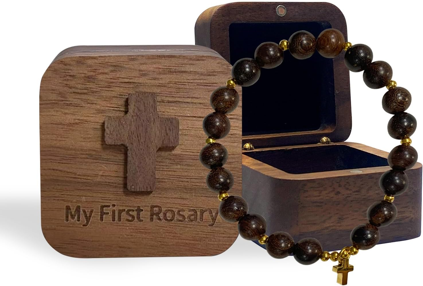 My First Rosary with Walnut Wood Keepsake Box, Catholic Baptism Gifts, Baby Rosary, Shower Rosary Beads, First Holy Communion Gifts for Boy and Girl image number 3