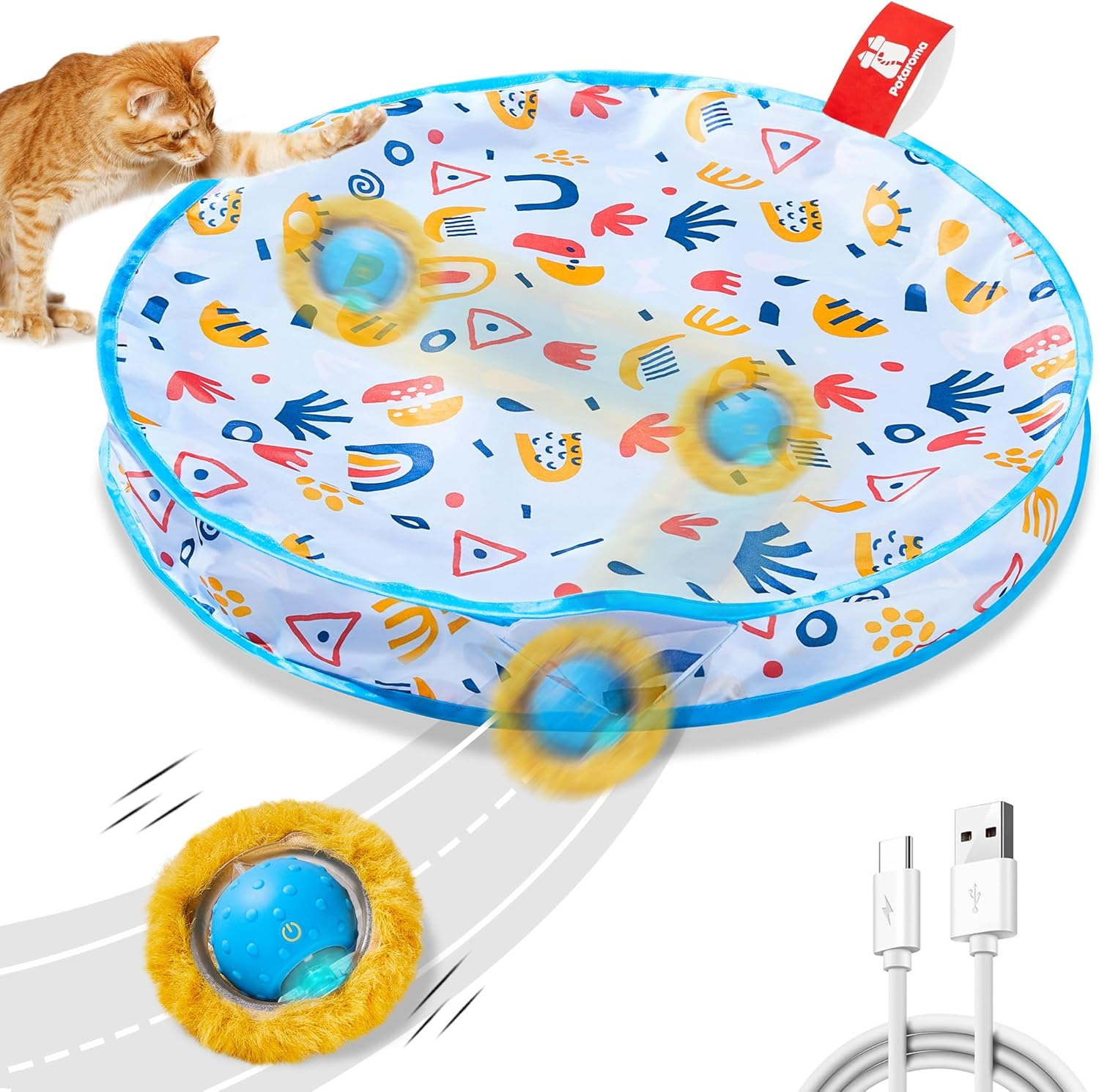 Potaroma Interactive Cat Toys, Fast Rolling Ball in Play Mat, Automatic Motion Activated Moving Ball Hide and Seek Game for Indoor Exercise Kicker, 28 Inch Play Mat image number 4