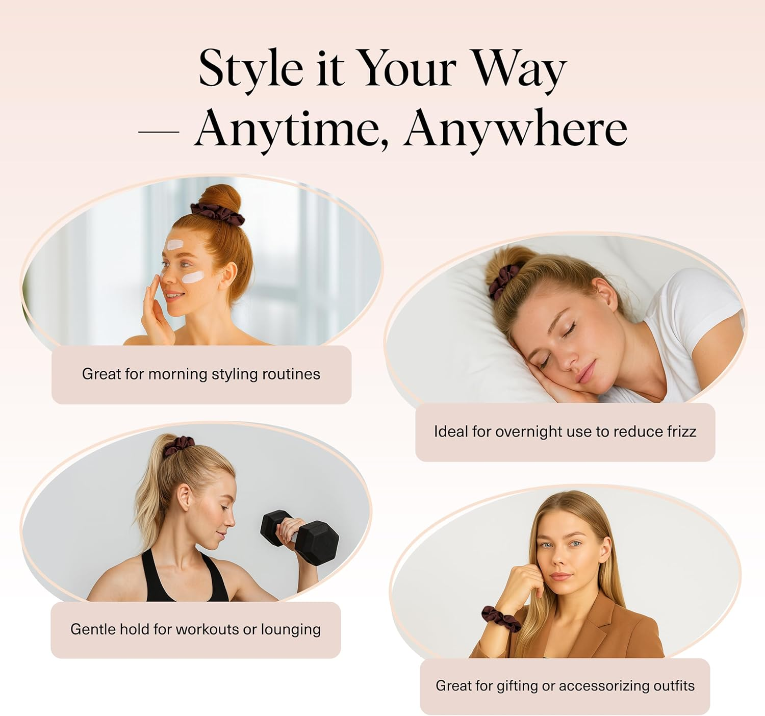 Kitsch Satin Scrunchies for Women - No Crease Hair Ties for Girls | Scrunchies for All Hair Types and Textures, Perfect for Day or Night | Ideal Gifts for Women - 5 Pcs, Cameo - Black image number 7