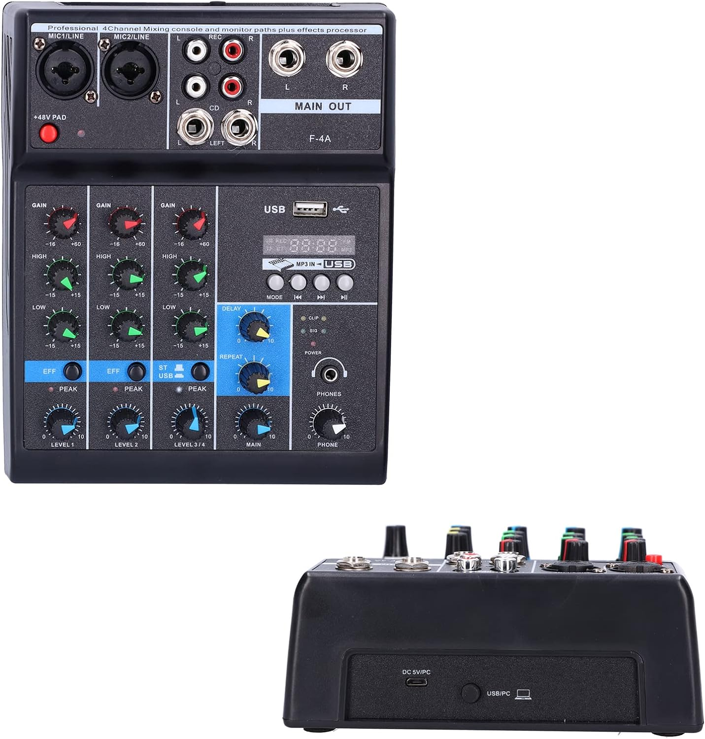 F4A Audio Live Mixer USB Interface Audio Mixer 4 Channel, Stereo DJ Sound Controller for Home Karaoke, USB Live Stage KTV, Soundcard for PC Recording image number 3