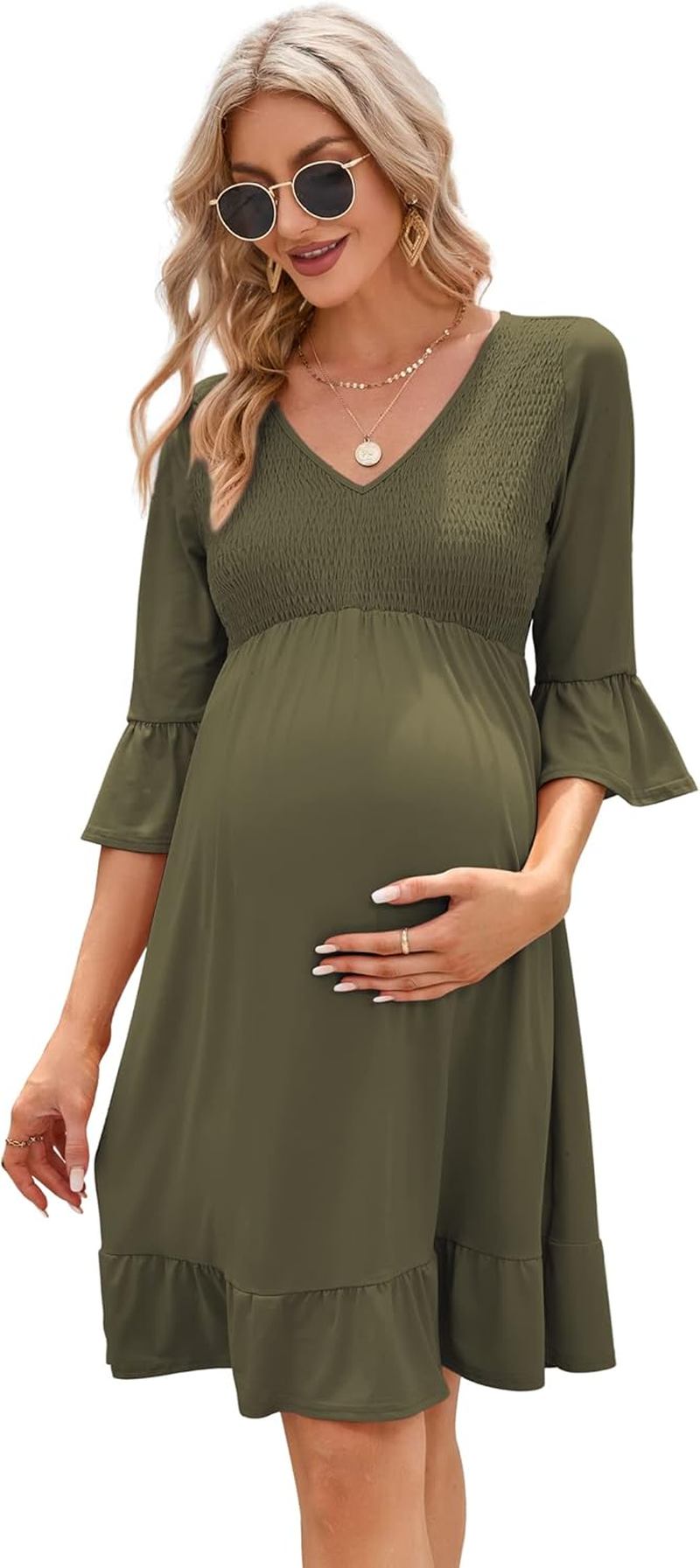 Coolmee Short Sleeve Maternity Dress Ruffle Boho Dress Button Smocked Summer Casual Flowy Maxi Dress Baby Shower Photoshoot