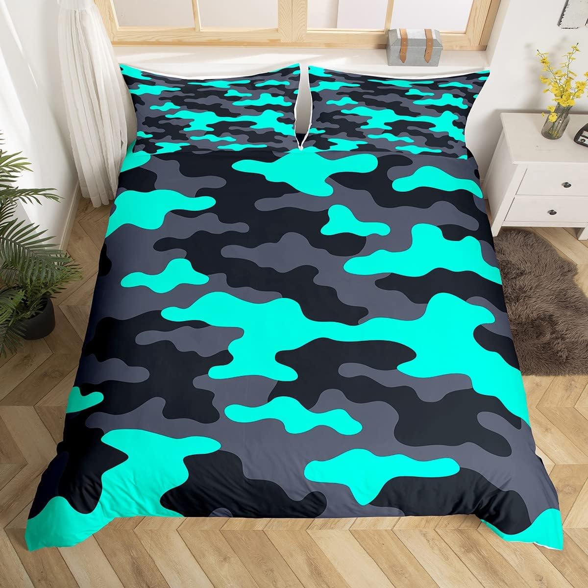 Manfei Navy Blue Camouflage Boys Duvet Cover Set S Size, Modern Army Camo Bedding Set Children Teens Adults White Blue Camo Comforter Cover Outdoor Sports Style Quilt Cover, 1 Pillowcase image number 4