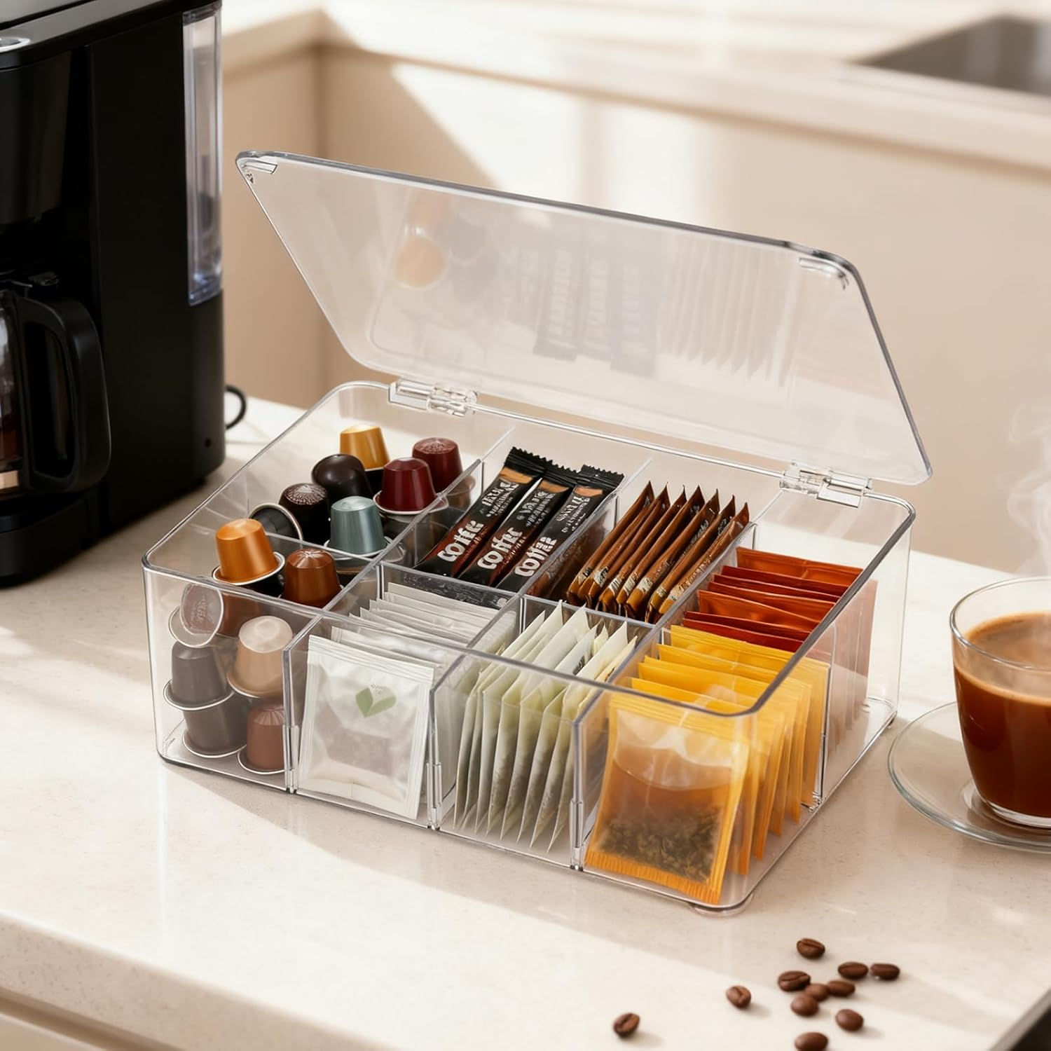 Tea Bag Organiser, Stackable Tea Box, Storage Box with Lid, Transparent Lsolation Layer Organisers Adjustable Dividers Set for Coffee, Biscuit, Bread, Snack, Candy image number 6