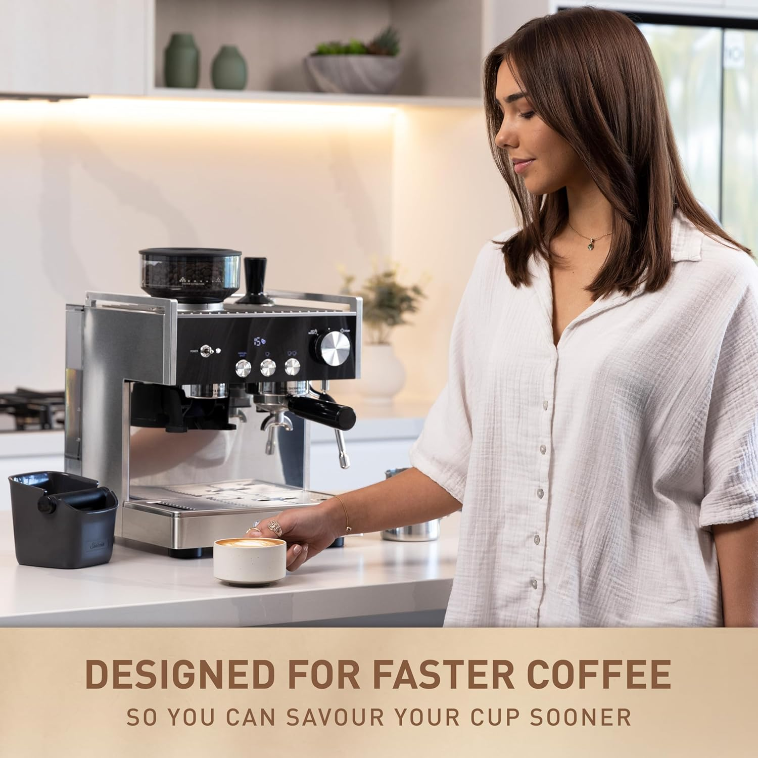 Sunbeam Origins Dual Espresso Machine | Coffee Machine W/Built-In Conical Burr Grinder & Anti-Static Technology, Dual Thermoblock System for Simultaneous Brewing & Steaming, Stainless Steel EMM7300SS image number 6