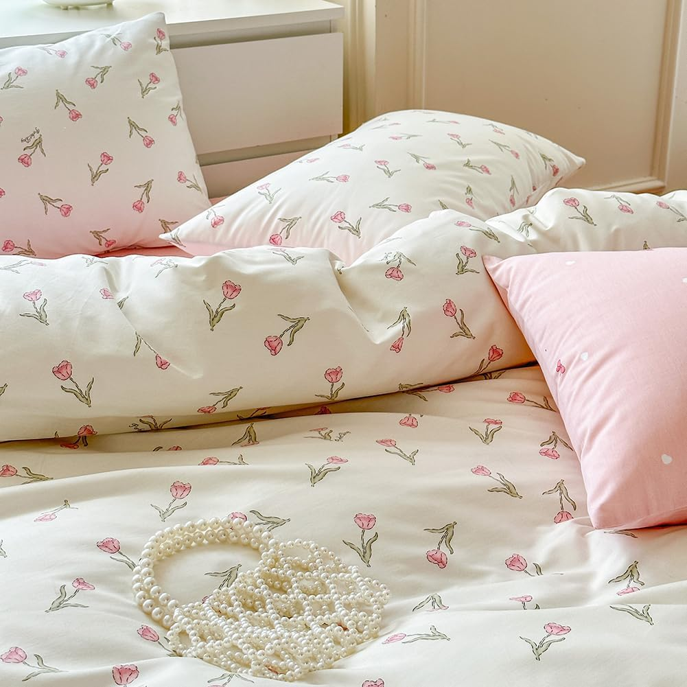 Covebett Cotton Duvet Cover Double Size White Pink Floral Flower Tulip Reversible Bedding Set 3Pcs, 1 Aesthetic Girls Quilt Cover 200X200 Cm with Zipper Closure and 2 Pillowcases 50X75 image number 7