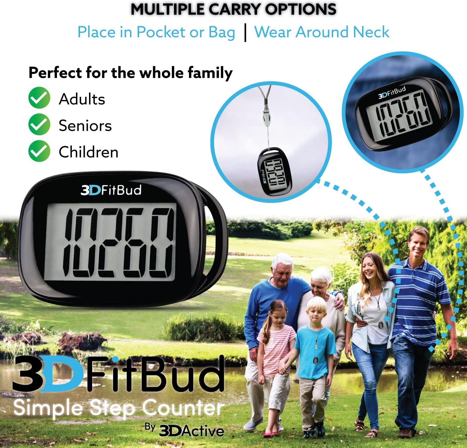 3Dfitbud Simple Step Counter Walking 3D Pedometer with Lanyard A420S (Black) image number 6