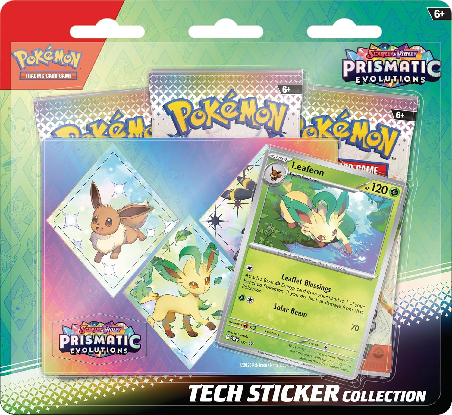 Pok&eacute;mon TCG: Scarlet & Violet&mdash;Prismatic Evolutions Tech Sticker Collection &ndash; Leafeon (1 Foil Promo Card & 3 Booster Packs) image number 3