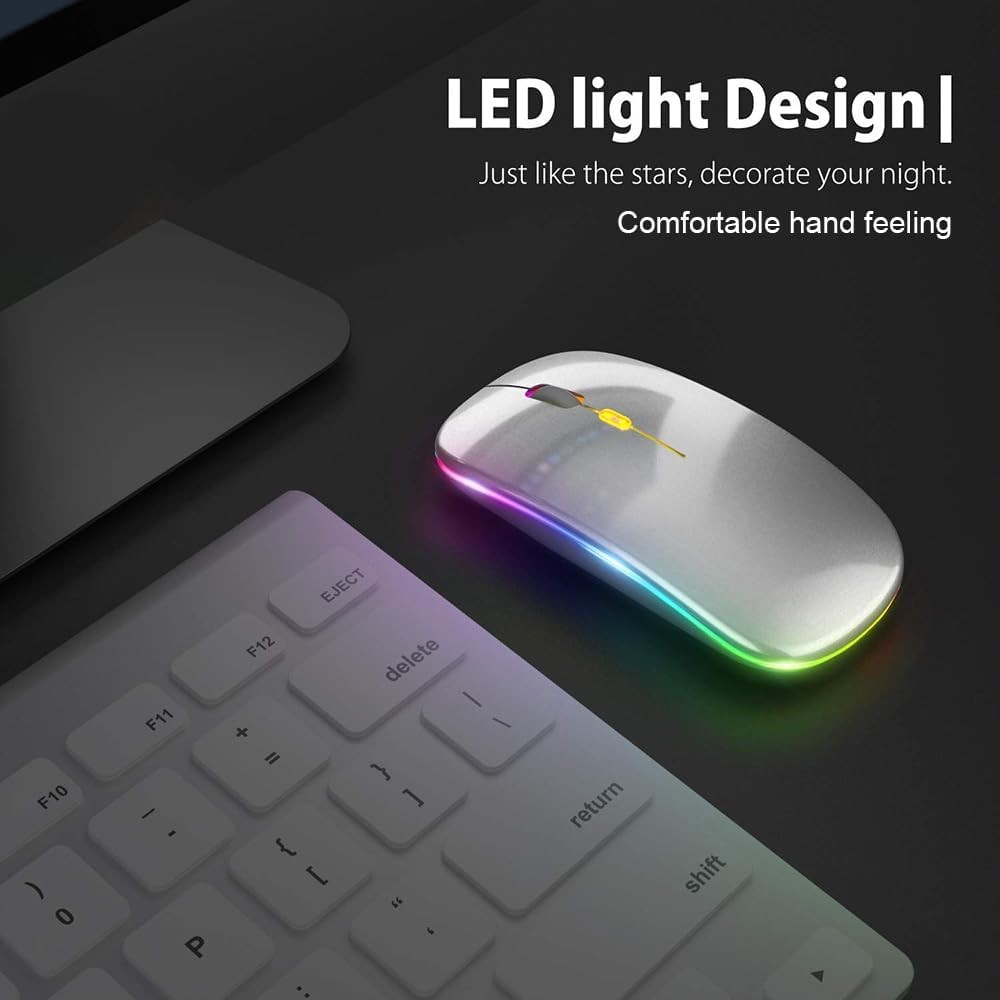 LED Wireless Mouse, Rechargeable Slim Silent Mouse 2.4G Portable Wireless Bluetooth Mouse Dual Mode with USB Receiver and Type C Adapter, 3 Adjustable DPI for Notebook, PC, Laptop (Silver) image number 1