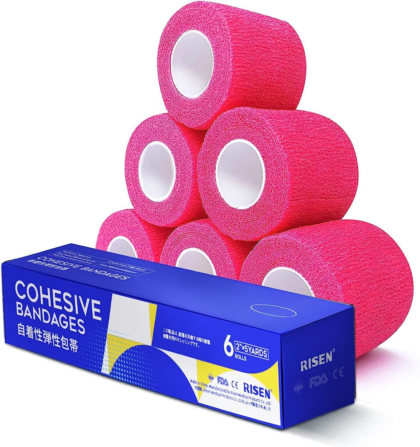 Risen Cohesive Bandage, 2" X 5 Yards, 6 Rolls, Self Adherent, Breathable, Ideal for Ankle Sprains, Sports, Human, Animal