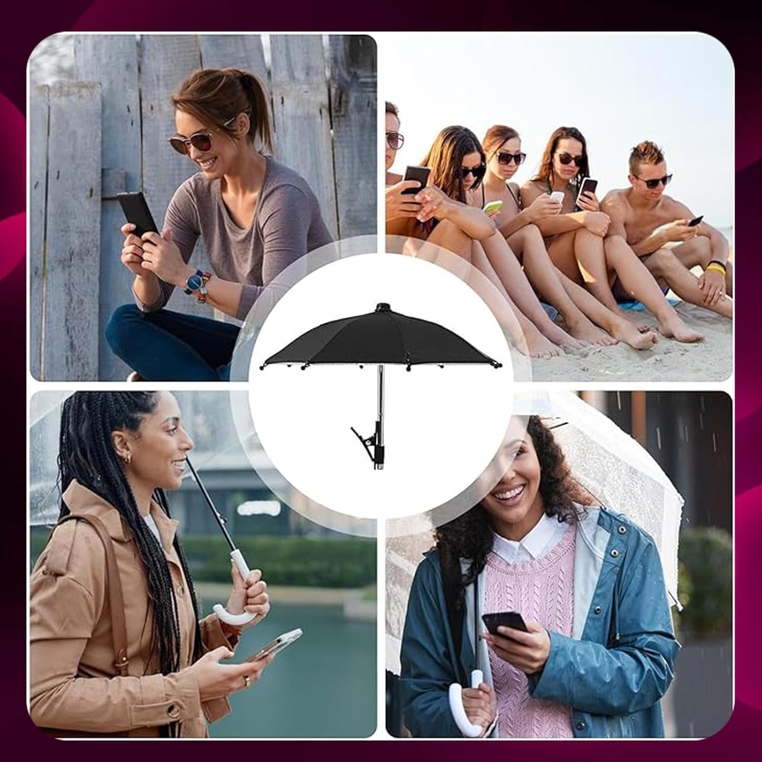 Phone Umbrella Sun Shade for Smartphones - Universal Clip-On Anti-Glare Cover for Beach, Hiking & Driving | Portable UV Protector for Iphone, Samsung & All Mobile Screens (22X27Cm, Foldable) - Black image number 3