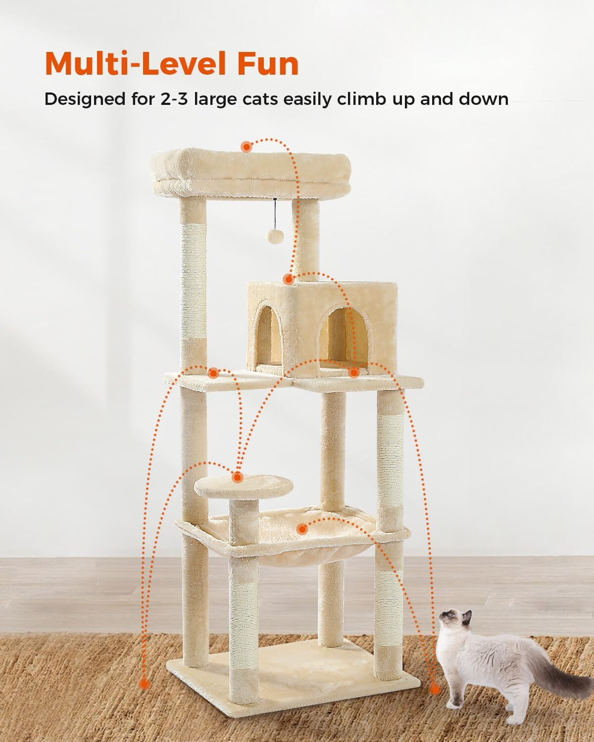 PAWZ Road Cat Tree 143Cm Cat Scratching Post Multi-Level Play Tower with a Large Hammock and Top Perch Home Pet Furniture Beige image number 2