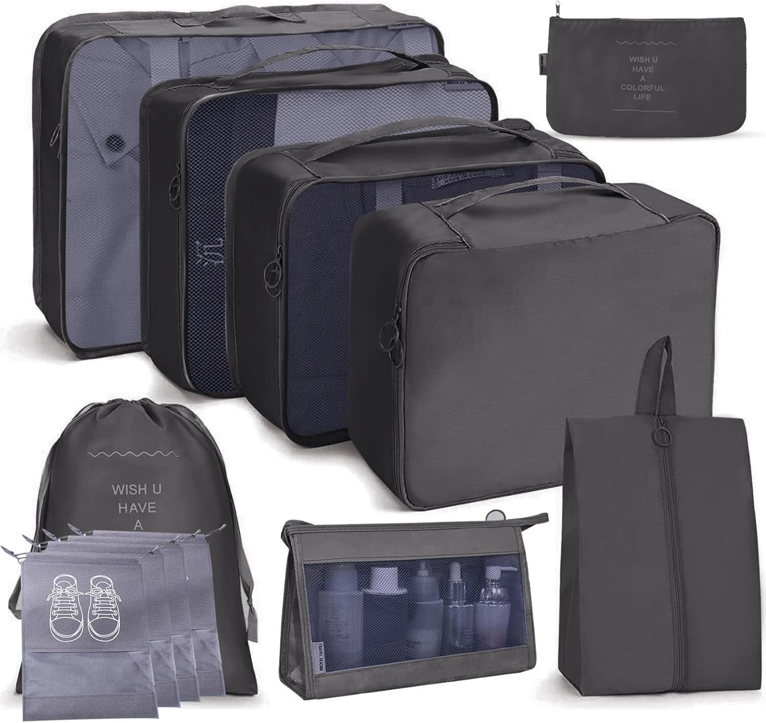 12 Set Packing Cubes: Complete Travel Storage System | Lightweight Luggage Organizers with Shoe, Toiletry & Laundry Bags for Effortless Travel (Black)