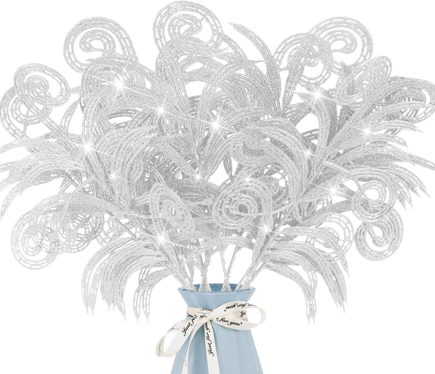 12 Pcs Glitter Christmas Leaves, Artificial Leaf Spray Picks Christmas Foliage Christmas Tree Filler Branches Christmas Wreath Decor for DIY Wreath Wedding Table Centerpiece Decorations (White) - Pink image number 2