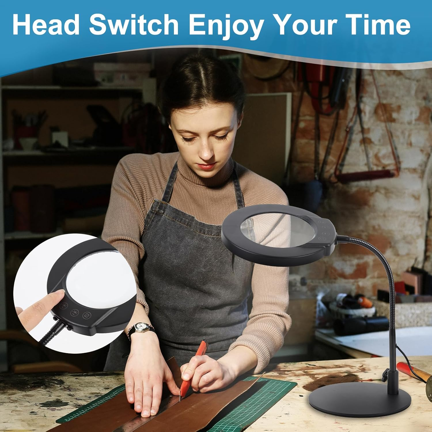 10X Magnifying Glass with Light and Stand, 5 Color Modes Stepless Dimmable LED Lighted Desk Lamp, Flexible Gooseneck Magnifying Desk Lamp for DIY Craft Reading Painting Sewing Work Round