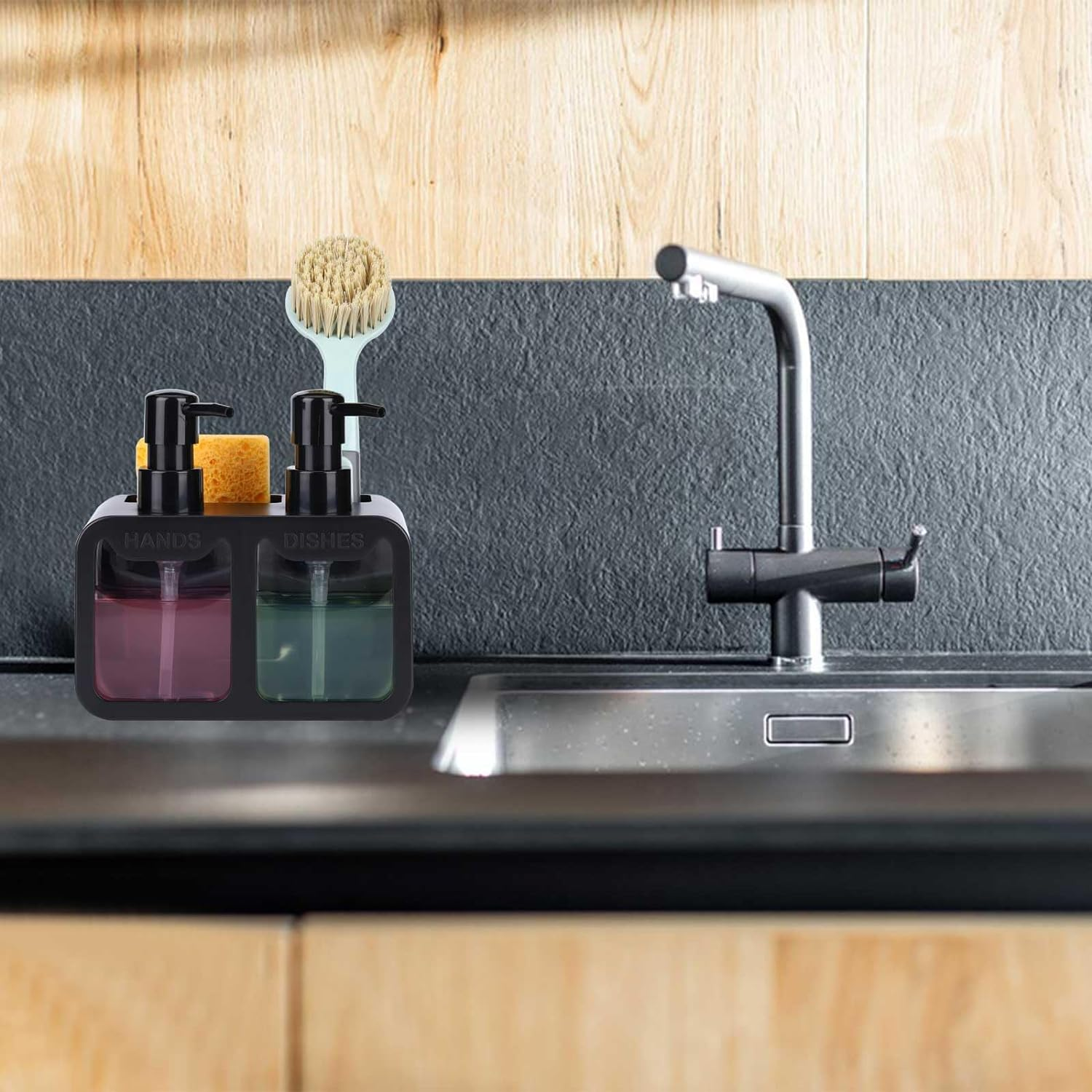 Dish Soap Dispenser for Kitchen Countertop with Sponge Caddy and Brush Holder - Refillable Non-Slip Dual Pump 4-In-1 Dispenser Soap Dispenser for Kitchen Sink, Essential Kitchen Gadgets &ndash; Black image number 5