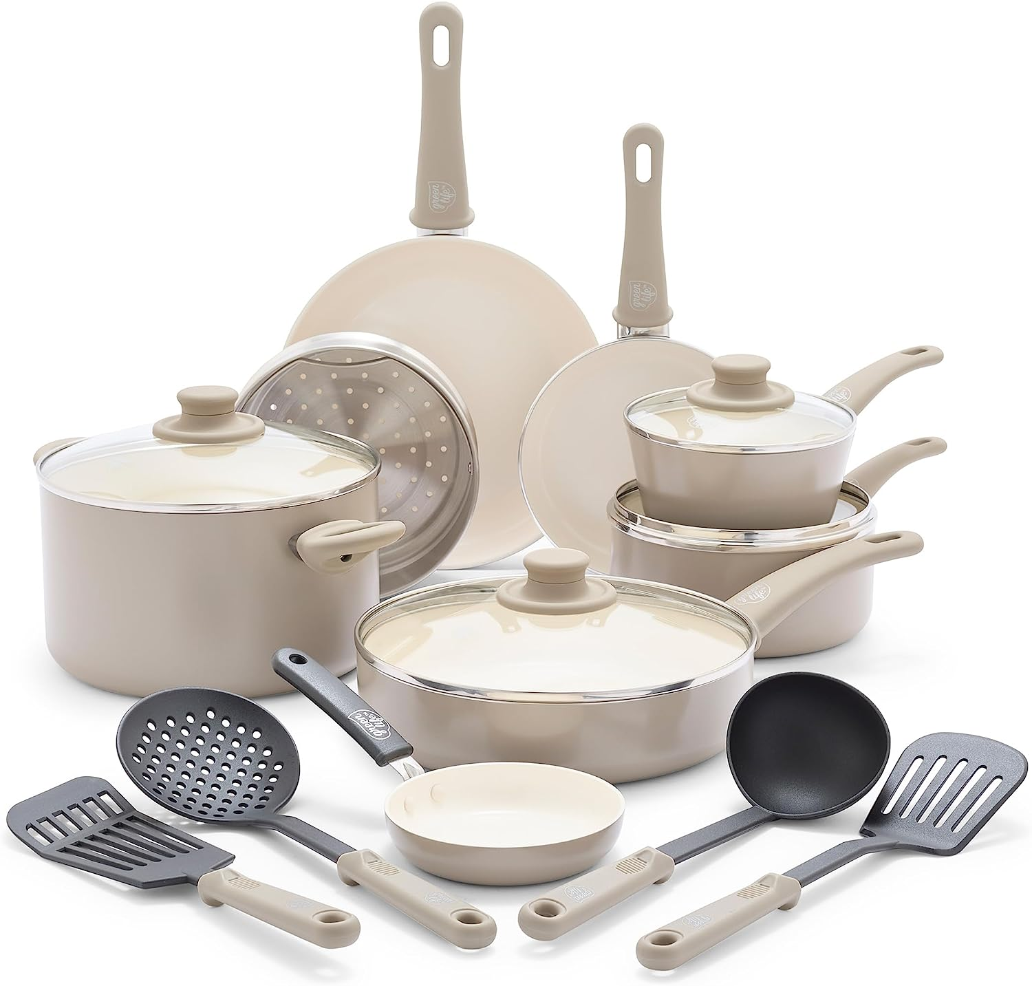 Greenlife Soft Grip Healthy Ceramic Nonstick 16 Piece Kitchen Cookware Pots and Frying Sauce Pans Set, Pfas-Free, Dishwasher Safe, Taupe image number 7